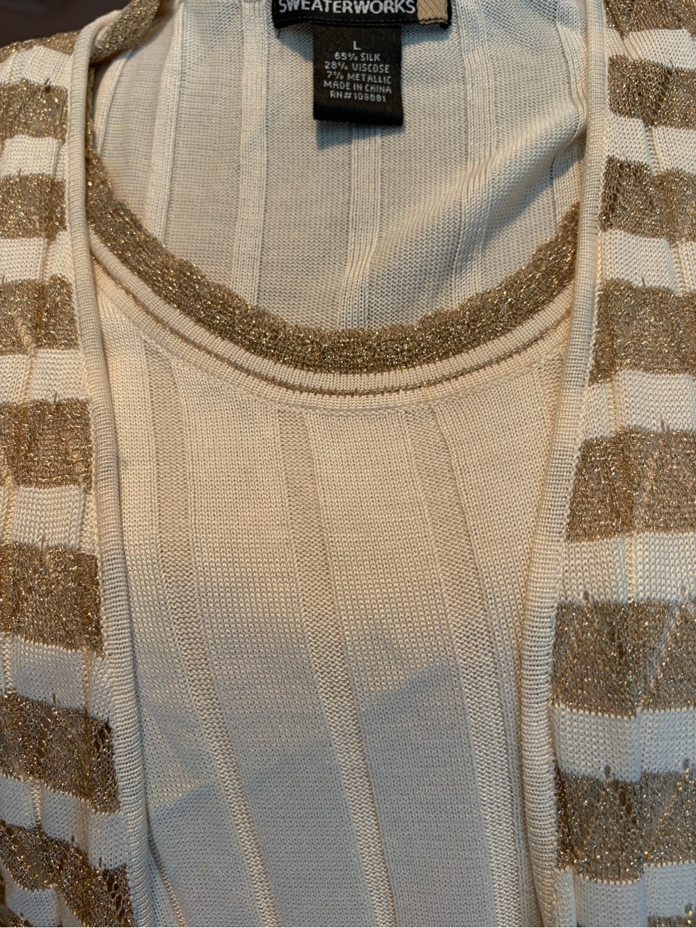 Sweaterworks Cream Sweater and Metallic Gold-Striped Cardigan Set